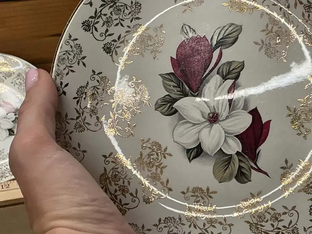 Vintage Gold Filigree Chintz Floral 6.5-Inch Dessert Plates Set of 2